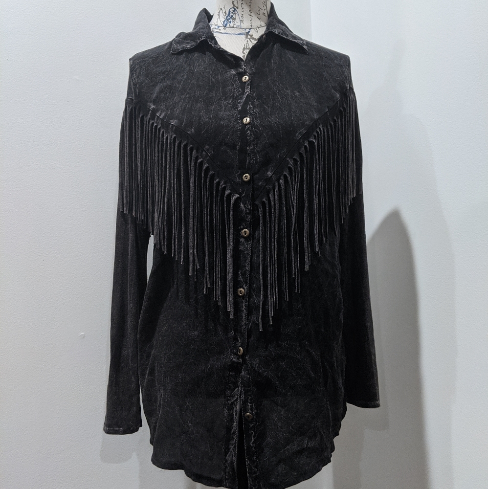 T Party fringe button down top